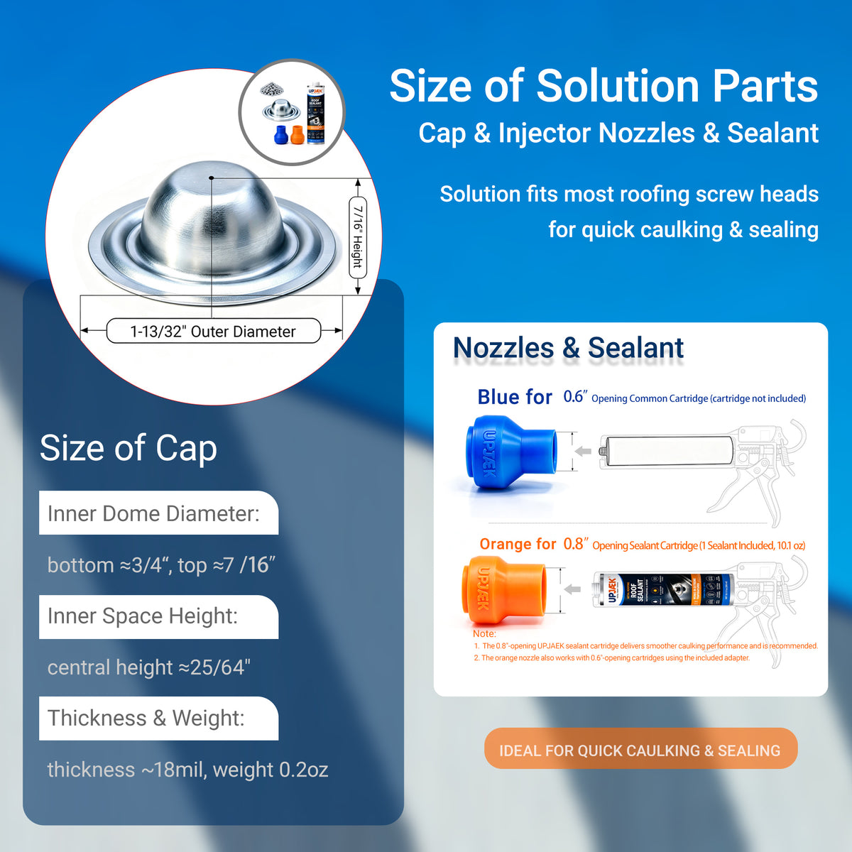 100 Pack Roof Screw Caps Metal with 2 UPJAEK Injector Nozzles and 1 Sealant